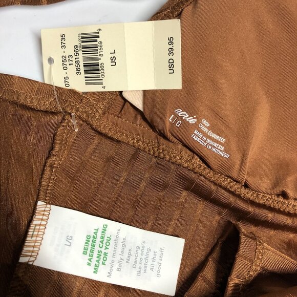 Aerie Bikini Top Crop Triangle Tie Front Ribbed Removable Cups Brown L - Picture 3 of 3